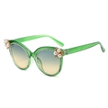 Green cat eye sunglasses with rhinestones, pearls and blue to yellow gradient lenses - Green Frame Green Yellow Lens