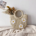 Strohhandtasche mit weißen Gänseblümchen und Rundgriff aus naturbeigem Papierseil - Drei Kunststoffblumen-Beige