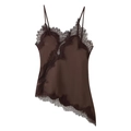 Détail du caraco en satin marron avec dentelle délicate et ourlet asymétrique - Café