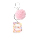 Pink faux fur pompom keychain with resin letter B pendant and colorful heart sequins - Letter B