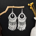 Silver bohemian vintage drop earrings with hollow teardrop frame and leaf tassels - Hollow Teardrop Feather Tassel Style (E6073-25)