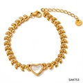 Golden stainless steel bracelet with V-shaped links and white heart mother of pearl inlay - Gold White Heart Shell Wheat Chain Bracelet (SAK753)