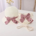 Kids straw sun hat and matching crossbody bag set with cute pink bows in beige - Kids 54cm (4-9 Years) / Hat + Bag Set / Cream