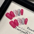 Dragon fruit color press-on nails with retro dots, cat-eye effects and glitter sequins - Extra Small (XS) / Short Coffin