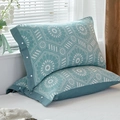 Pair of teal cotton pillowcases with geometric floral pattern and white snap buttons - Green Kaleidoscope