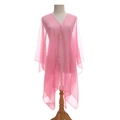 Elegant pink sheer tulle shawl featuring delicate pearl buttons and an asymmetric hemline - Pink