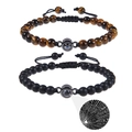 Detail of projection pendant showing I Love You in 100 languages on couple bracelets - Tiger Eye + Matte Stone