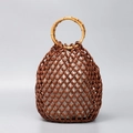 Handmade red-brown wooden bead bucket bag with round bamboo handle and fabric lining - Brown Ginger Yellow