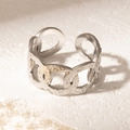 Adjustable silver titanium ring featuring a hollow chain link design with textured finish - Steel Color 145