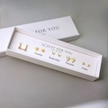 Detailed set of five gold pearl stud earrings with Monday to Friday gift box labels - Teardrop Flower Star Zirconia Earring Set (A3856-1)