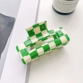 Hair claw clip featuring green and white checkerboard pattern in a glossy resin finish - 7.5cm / Green & Beige Checkerboard