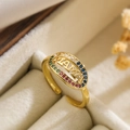 18K gold plated MAMA open ring with colorful zircon stones in a beige jewelry box - Gold MAMA Oval Multi-color Zircon Style (13953)