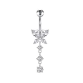 Polished silver butterfly belly ring with sparkling zircon stones and hanging crystals - Silver Butterfly