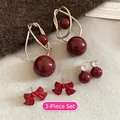 Detailed view of three pairs of vintage gold and red earrings with pearls and bows - 28# Silver Needle - Gold/Red (6-Piece Set)
