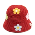 Close-up of handmade red crochet bucket hat with colorful floral patterns and woven texture - One Size / Red