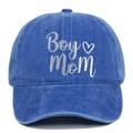 Detailed view of white Boy Mom embroidery and heart on blue washed cotton baseball cap - Adjustable / Sapphire Blue