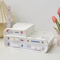 Detail of white multi-grid desktop organizer with cute stickers and dual storage drawers - Three Drawers with Stickers / White