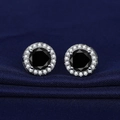 Classic silver stud earrings with a large round black stone and halo zirconia setting - Black Diamond Round Earrings Led-80