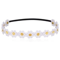 Close-up of white daisy embroidery flower on a black elastic headband for babies - Yellow