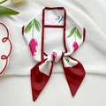 Elegant white floral skinny scarf with pink tulips and red borders for hair and bags - Red Border Tulip