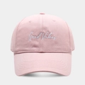 Detail of pink cotton baseball cap featuring white Good Vibes script embroidery on front - Adjustable / Light Pink