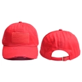 Detailed front and back views of a red distressed cotton baseball cap with US flag embroidery - Kids Size / Red