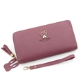 Women's long zip-around wallet in deep purple with bear ornament and tassel strap - Rose Red