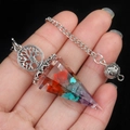 Tree of Life resin pendulum with colorful mixed gravel stones and silver chain pendant - Rainbow Stone