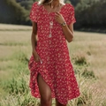 Bohemian floral summer dress for women with red print and round neck in loose fit - XS / Top And Bottom / Dark Red