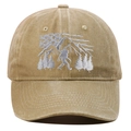 Close-up of Bigfoot embroidery with American flag and forest on khaki washed cotton cap - One Size / Khaki