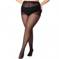 Macro detail of high-waist sheer black polka dot tights with reinforced tummy control band - XXXL (Plus Size) / Black Polka Dot