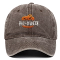 Detailansicht der Vintage-Canvas-Kappe mit orangefarbener Halloween-Kürbis-Stickerei - Einheitsgröße(56-58cm) / Kaffeebraun