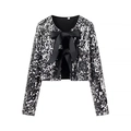 Sparkly sequin cropped jacket featuring a large black bow and long sleeves in a flat lay view - XS / Tops / Gray