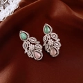 Close-up of teardrop cat-eye stone earrings with sparkling zircon leaf patterns - 23# Silver Earring Post-Silver-Blue-Pink