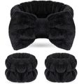 Black plush spa headband and wristband set for face washing and skincare routines - Black-3pcs Set