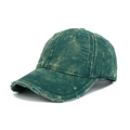 Detail of distressed dark green cotton baseball cap with vintage worn holes and frayed edges - Adjustable / Green