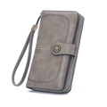 Gray long leather wallet for women with floral buckle and detachable wristlet strap - Gray
