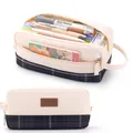 Foldable canvas pencil case in black and beige checkered pattern with large capacity - 938 Black/Beige Plaid