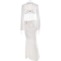 Set in raso due pezzi con crop top a maniche lunghe scollo a V e gonna lunga abbinata - L / Bianco
