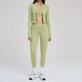 Driedelig yoga-set in grasgroen met ritsjasje en legging met V-taille - S / 3-delige set (jack+bh+broek) / Bonengroen