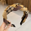 Braided sponge headband in brown houndstooth and gold beige fabric knot style - Brown Braided Headband