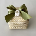 Square handmade woven bamboo gift box with olive green satin ribbon and thank you tag - Square Box Moss Green Ribbon Style