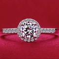Elegant silver sparkling solitaire ring with round cubic zirconia on red background - Round Package 2 Carats [8mm] Ljz-49 / Adjustable Open