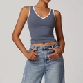 Ärmelloses grau-blaues Yoga-Tanktop mit weißem Kontrast-V-Ausschnitt und Slim Fit - S / Blaugrau