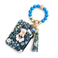 Floral dark green card wallet keychain with blue silicone bead wristlet and tassel charm - Dark Blue