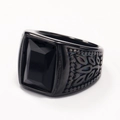 Fashionable black stainless steel ring featuring a square black gemstone and engraved band - Black Base Black Gemstone