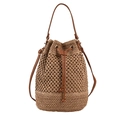 Bolso tipo cubo de cuerda de papel marrón con correa de cuero PU y cordón - Caqui