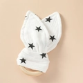 Baby teething toy with natural wood ring and cotton rabbit ears featuring star pattern - Pentagram