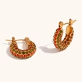 Gold plated stainless steel hoop earrings with colorful crystals in rainbow finish - 15mm / Gradient Color 2