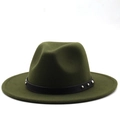 Close-up of olive green wool fedora with black leather belt and silver rivet details - M (56-58cm) / Army Green